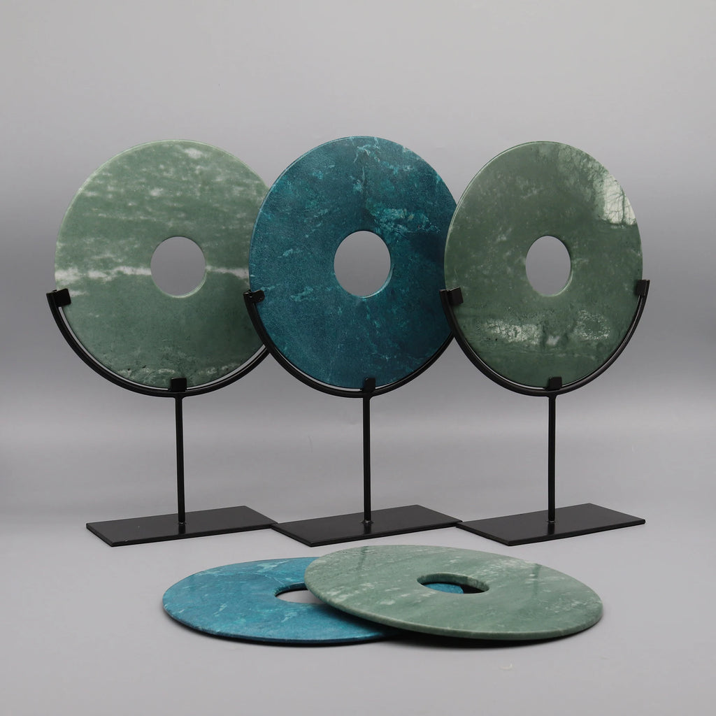 Round Fortune Stone Display, Decorative Natural Marble Stone with Metal Base, Stone Disc, Home Decoration