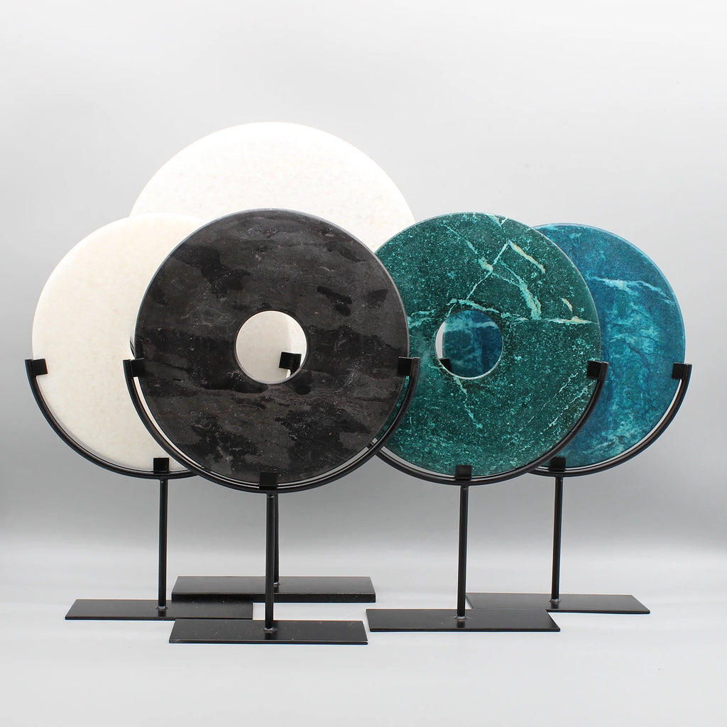 Round Fortune Stone Display, Decorative Natural Marble Stone with Metal Base, Stone Disc, Home Decoration